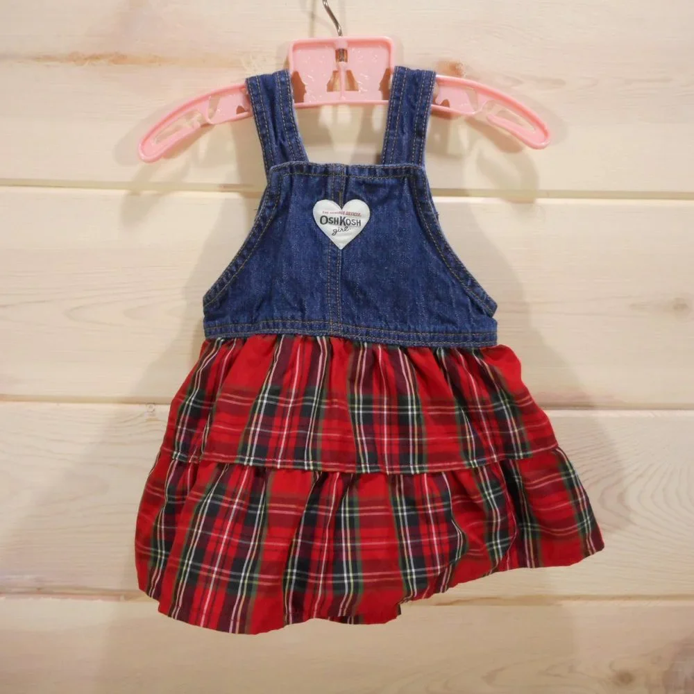 OshKosh B’gosh Baby Girl 9 Mo Denim Overall Dress Plaid Heart